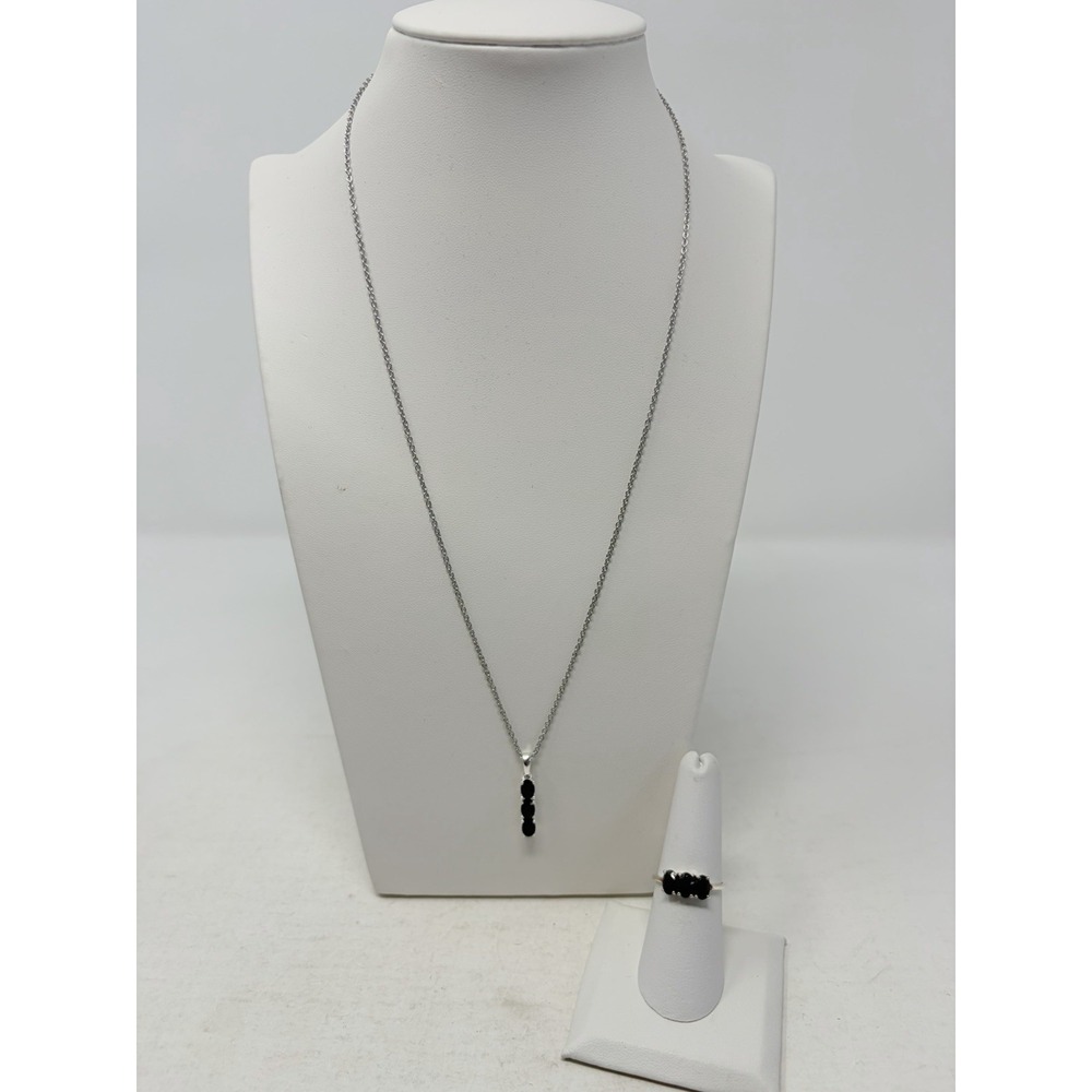 Shop LC Thai Black Spinel Sterling Silver Trilogy Size 7 Ring/Necklace Set 5051